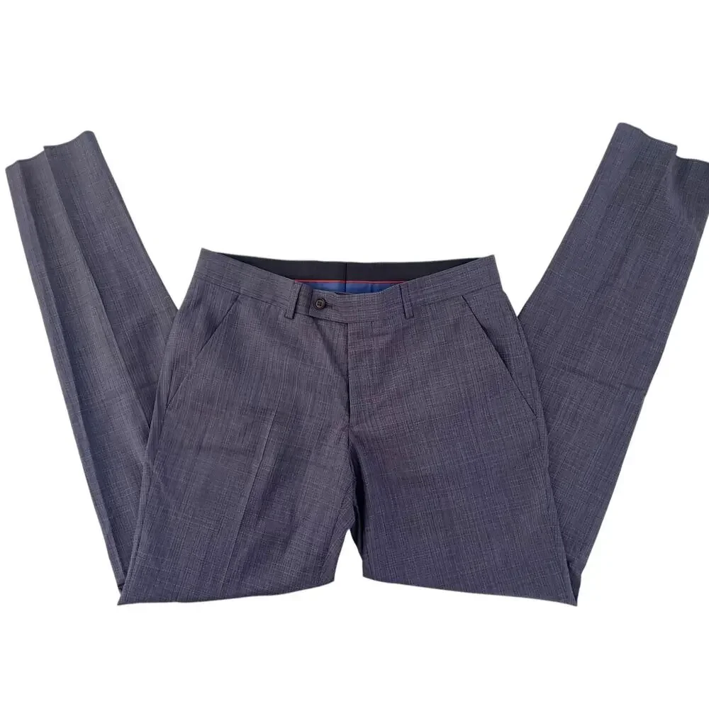 Ted Baker Karl Slim Fit 100% Wool Dress Pants, Micro Plaid Blue | 33 Short Unhem - Picture 4 of 14
